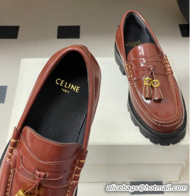 Cheap Price Celine Calfskin Leather Platform Loafers with Tassel Charm Brown 0227052 2026