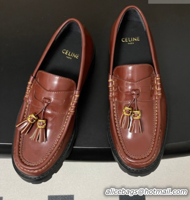 Cheap Price Celine Calfskin Leather Platform Loafers with Tassel Charm Brown 0227052 2026