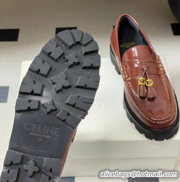 Cheap Price Celine Calfskin Leather Platform Loafers with Tassel Charm Brown 0227052 2026