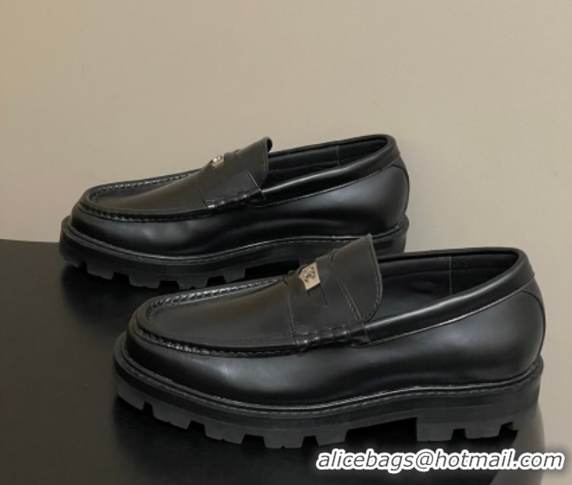 Sumptuous Celine Calfskin Leather Platform Loafers with Logo Tab Black 60227053 2026