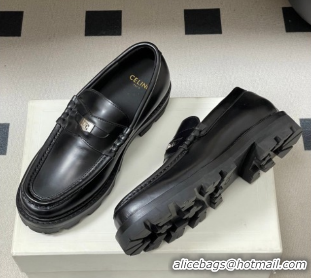 Sumptuous Celine Calfskin Leather Platform Loafers with Logo Tab Black 60227053 2026