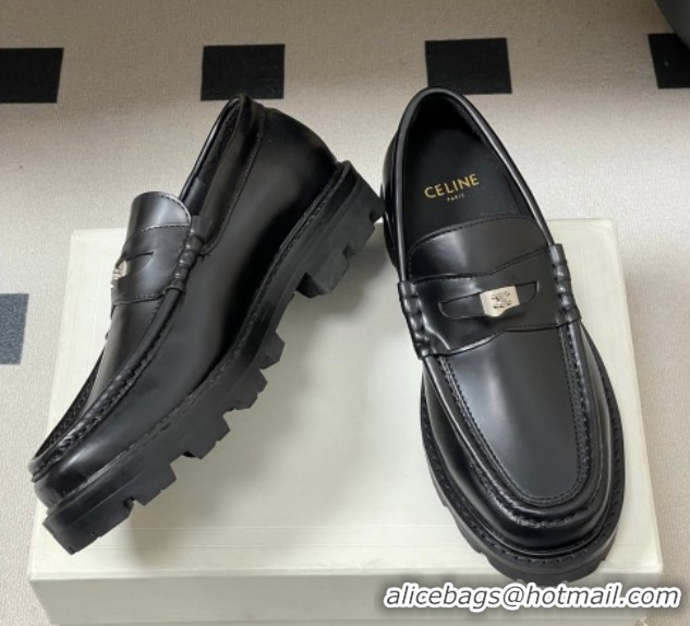 Sumptuous Celine Calfskin Leather Platform Loafers with Logo Tab Black 60227053 2026