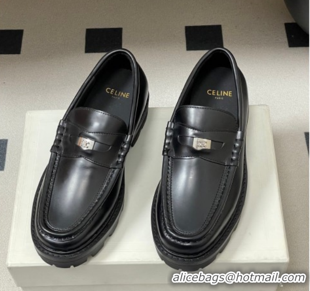 Sumptuous Celine Calfskin Leather Platform Loafers with Logo Tab Black 60227053 2026