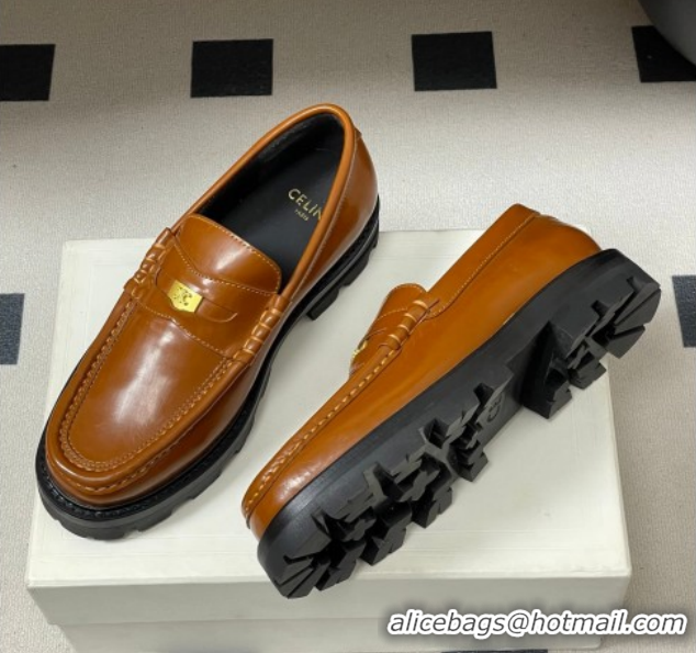 Good Looking Celine Calfskin Leather Platform Loafers with Logo Tab Brown 60227054 2026