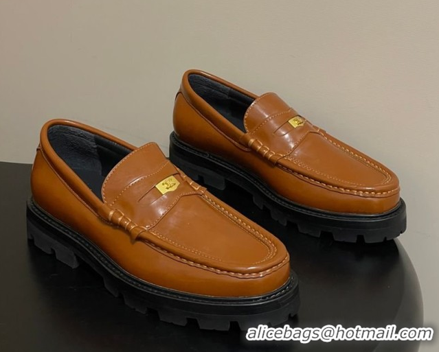 Good Looking Celine Calfskin Leather Platform Loafers with Logo Tab Brown 60227054 2026