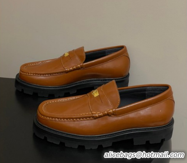 Good Looking Celine Calfskin Leather Platform Loafers with Logo Tab Brown 60227054 2026