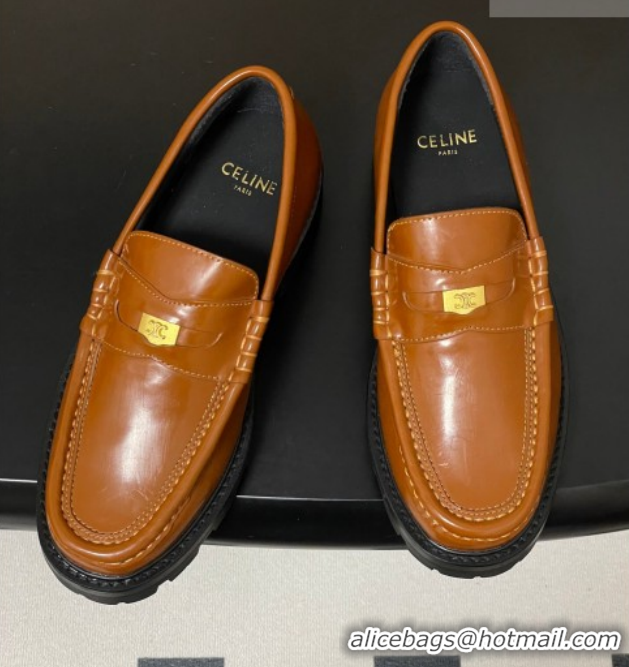 Good Looking Celine Calfskin Leather Platform Loafers with Logo Tab Brown 60227054 2026