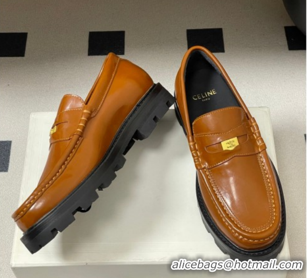 Good Looking Celine Calfskin Leather Platform Loafers with Logo Tab Brown 60227054 2026