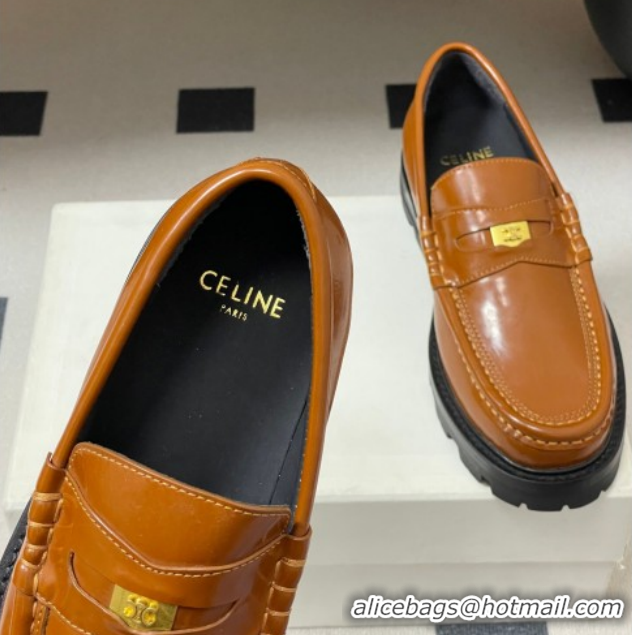 Good Looking Celine Calfskin Leather Platform Loafers with Logo Tab Brown 60227054 2026