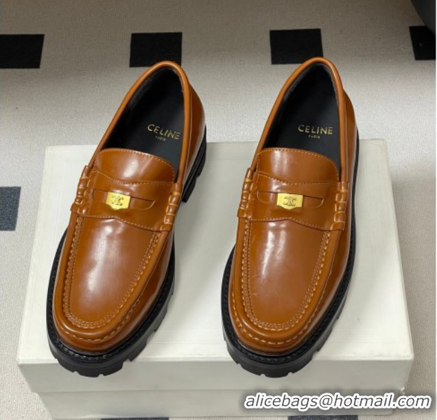 Good Looking Celine Calfskin Leather Platform Loafers with Logo Tab Brown 60227054 2026
