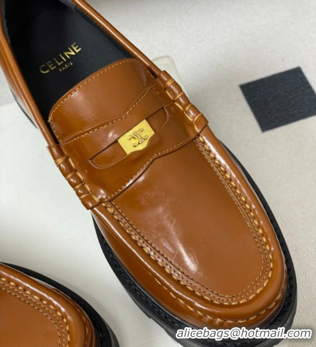 Good Looking Celine Calfskin Leather Platform Loafers with Logo Tab Brown 60227054 2026