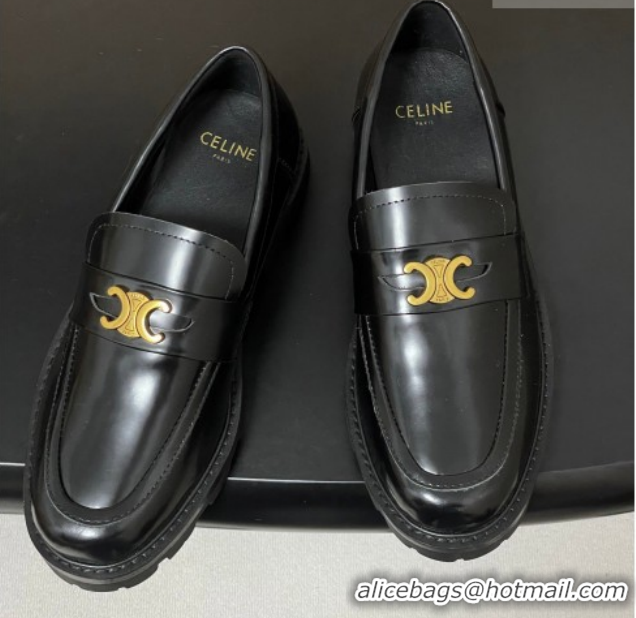 Durable Celine Calfskin Leather Platform Loafers with Logo Band Black 0227055 2026