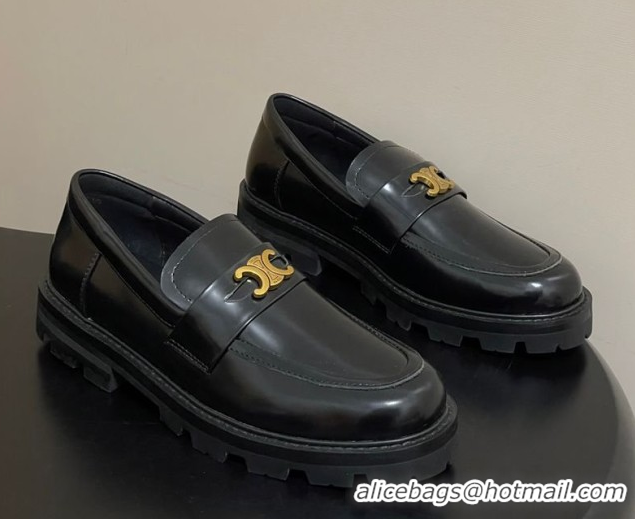 Durable Celine Calfskin Leather Platform Loafers with Logo Band Black 0227055 2026