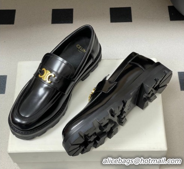 Durable Celine Calfskin Leather Platform Loafers with Logo Band Black 0227055 2026