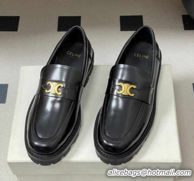 Durable Celine Calfskin Leather Platform Loafers with Logo Band Black 0227055 2026