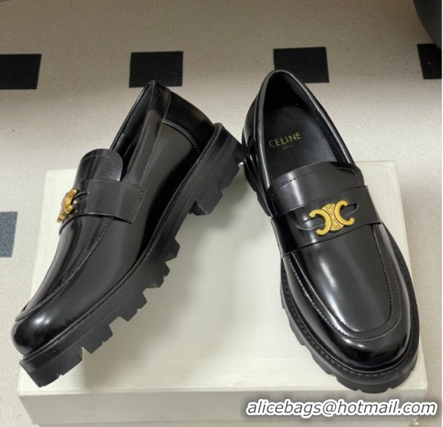 Durable Celine Calfskin Leather Platform Loafers with Logo Band Black 0227055 2026