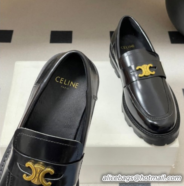 Durable Celine Calfskin Leather Platform Loafers with Logo Band Black 0227055 2026