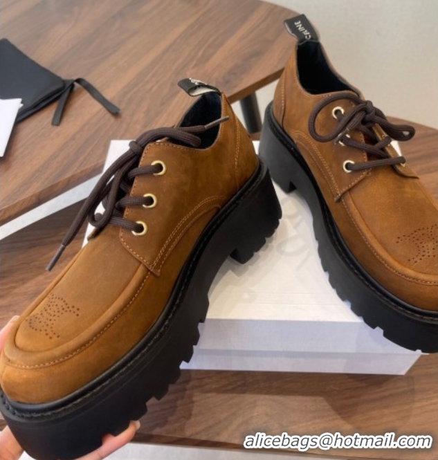 Sophisticated Celine Triomphe Derbies Shoes Lace-ups 3cm in Suede Brown 0227058 2026