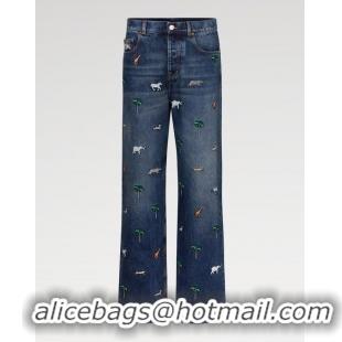 ​Promotional Louis Vuitton LV x The Darjeeling Limited Embroidered Denim Skate Pants 1AJUY9