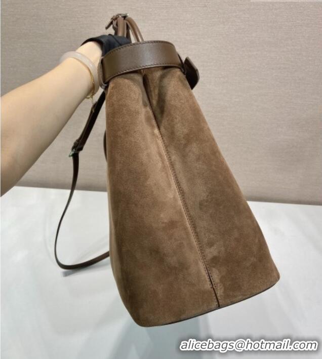 Traditional Discount Prada Mens Buckle Large Suede Bag with Buckle Belt 1BG126 Brown 2026