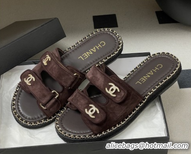 Cheap Chanel Mules Sandal with Chain 022808 Dark Brown Suede 2026