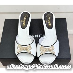 Unique Style Chanel Calfskin Leather Heel Slides Sandal with Strass Bow CH0306021 White 2026