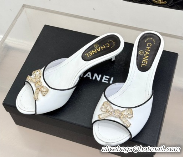 Unique Style Chanel Calfskin Leather Heel Slides Sandal with Strass Bow CH0306021 White 2026