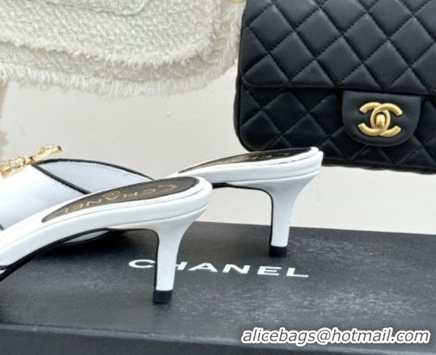 Unique Style Chanel Calfskin Leather Heel Slides Sandal with Strass Bow CH0306021 White 2026