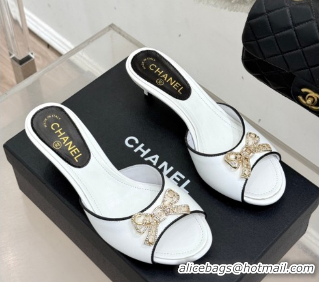 Unique Style Chanel Calfskin Leather Heel Slides Sandal with Strass Bow CH0306021 White 2026