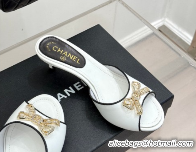 Unique Style Chanel Calfskin Leather Heel Slides Sandal with Strass Bow CH0306021 White 2026