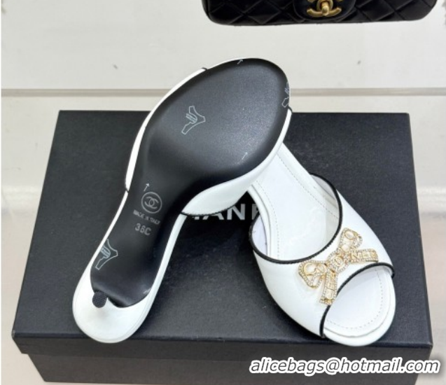 Unique Style Chanel Calfskin Leather Heel Slides Sandal with Strass Bow CH0306021 White 2026