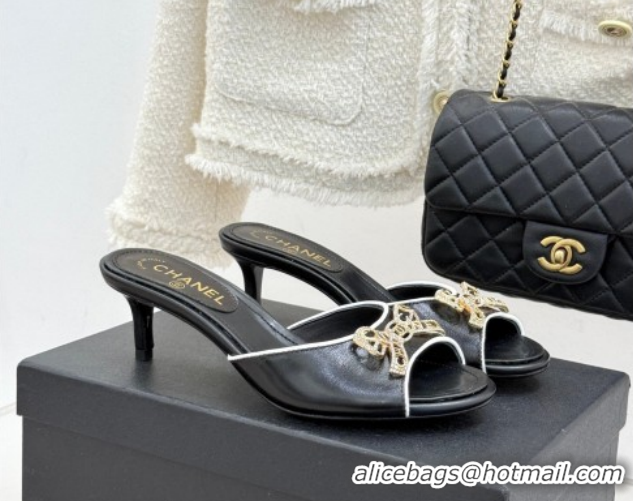 Good Looking Chanel Calfskin Leather Heel Slides Sandal with Strass Bow CH0306021 Black 2026