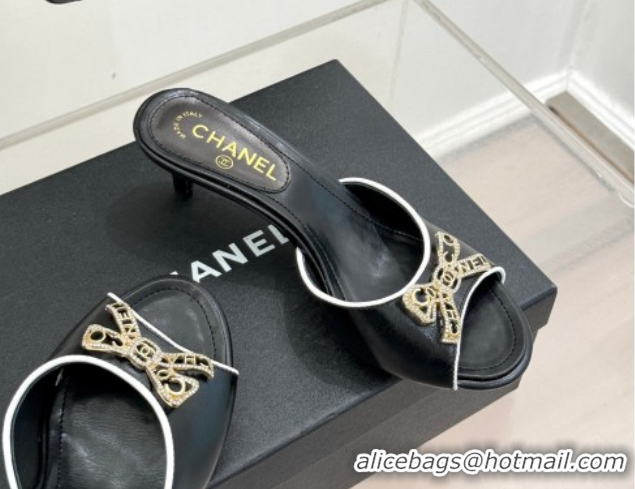 Good Looking Chanel Calfskin Leather Heel Slides Sandal with Strass Bow CH0306021 Black 2026