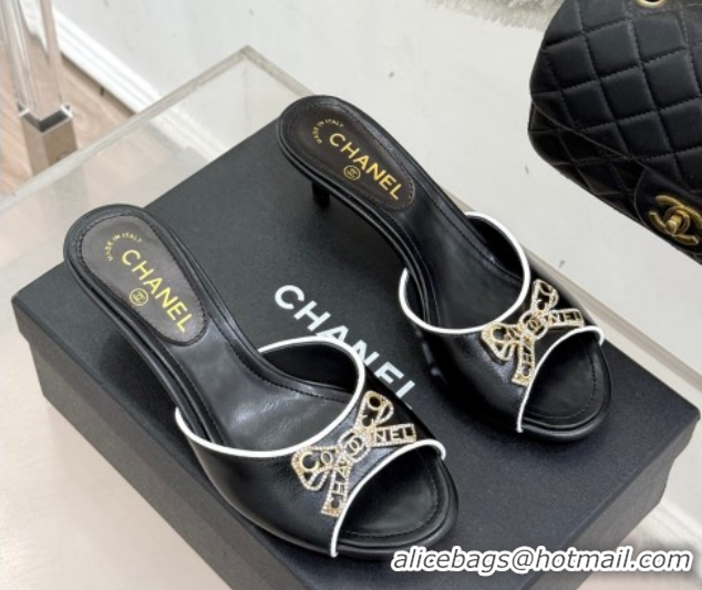 Good Looking Chanel Calfskin Leather Heel Slides Sandal with Strass Bow CH0306021 Black 2026
