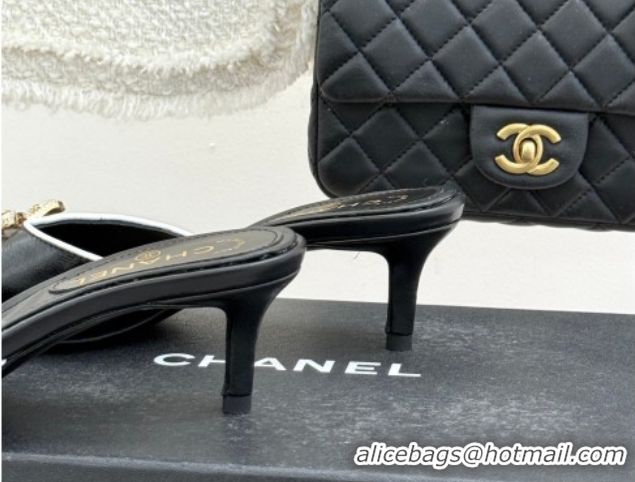 Good Looking Chanel Calfskin Leather Heel Slides Sandal with Strass Bow CH0306021 Black 2026