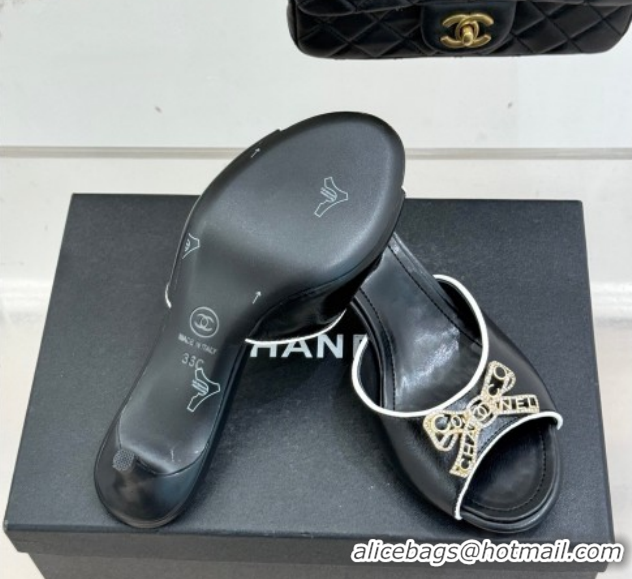 Good Looking Chanel Calfskin Leather Heel Slides Sandal with Strass Bow CH0306021 Black 2026