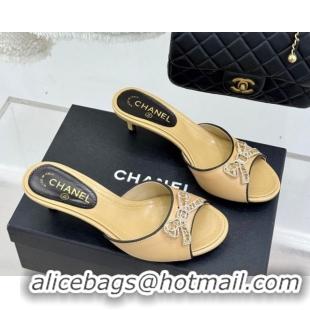 Good Quality Chanel Calfskin Leather Heel Slides Sandal with Strass Bow CH0306021 Beige 2026