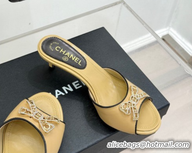 Good Quality Chanel Calfskin Leather Heel Slides Sandal with Strass Bow CH0306021 Beige 2026