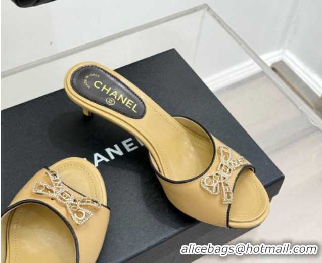 Good Quality Chanel Calfskin Leather Heel Slides Sandal with Strass Bow CH0306021 Beige 2026