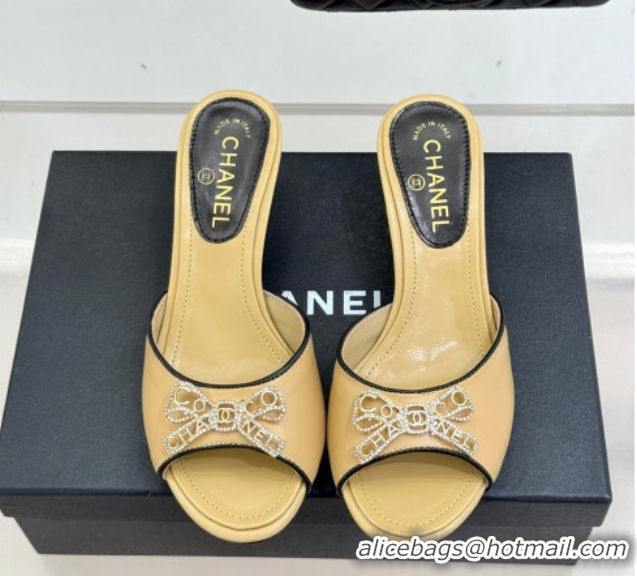 Good Quality Chanel Calfskin Leather Heel Slides Sandal with Strass Bow CH0306021 Beige 2026