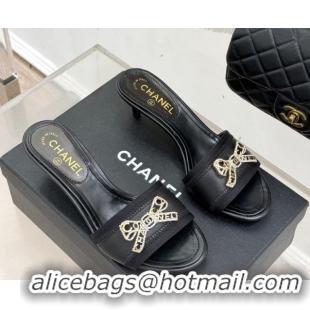 Grade Quality Chanel Calfskin Leather Heel Slides Sandal with Strass Bow CH0306022 Black 2026