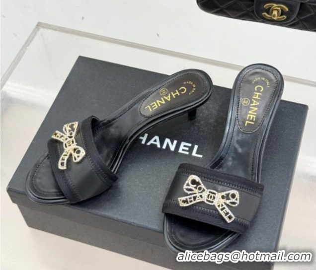 Grade Quality Chanel Calfskin Leather Heel Slides Sandal with Strass Bow CH0306022 Black 2026