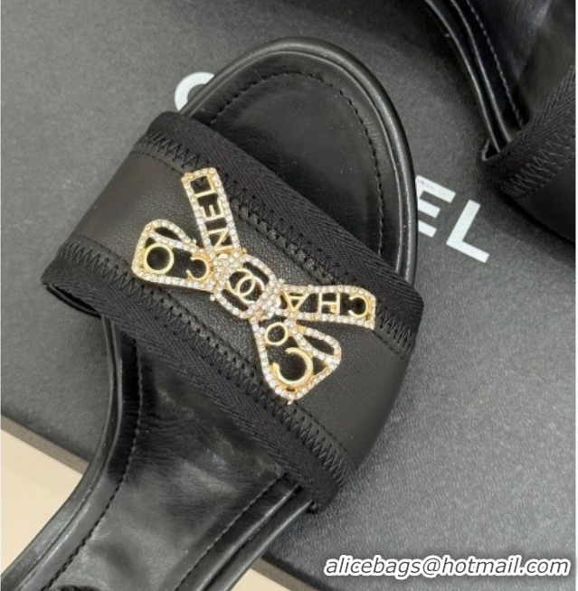 Grade Quality Chanel Calfskin Leather Heel Slides Sandal with Strass Bow CH0306022 Black 2026