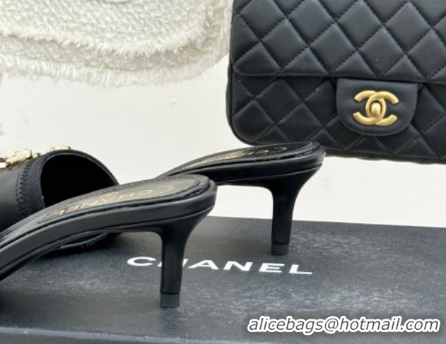 Grade Quality Chanel Calfskin Leather Heel Slides Sandal with Strass Bow CH0306022 Black 2026
