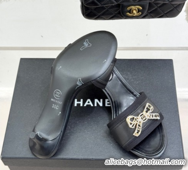 Grade Quality Chanel Calfskin Leather Heel Slides Sandal with Strass Bow CH0306022 Black 2026