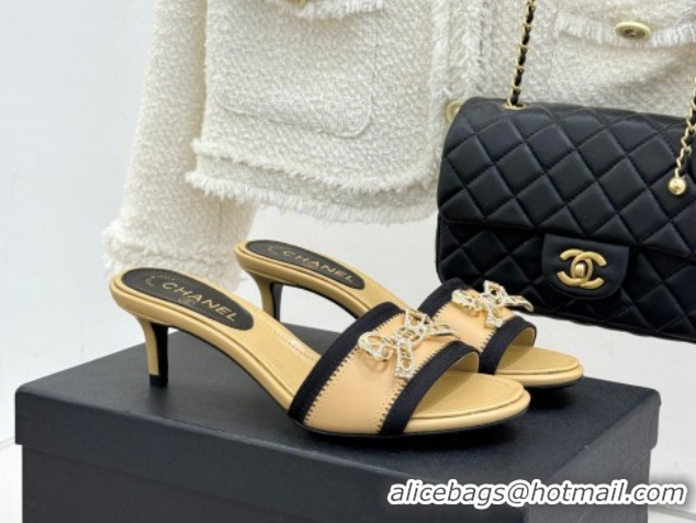 Charming Chanel Calfskin Leather Heel Slides Sandal with Strass Bow CH0306022 Beige 2026