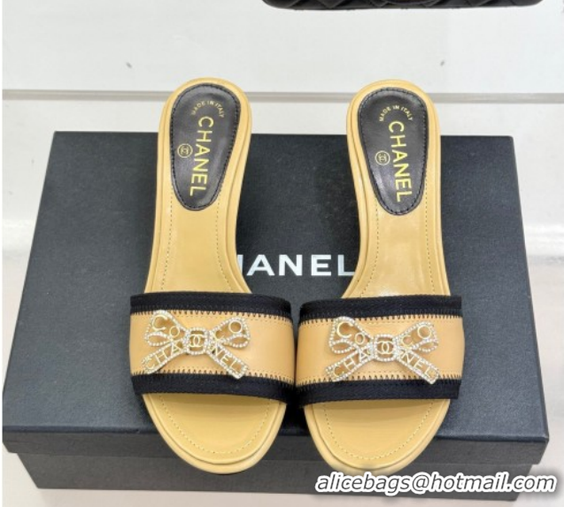 Charming Chanel Calfskin Leather Heel Slides Sandal with Strass Bow CH0306022 Beige 2026