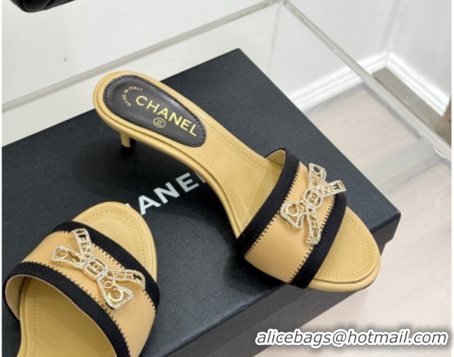 Charming Chanel Calfskin Leather Heel Slides Sandal with Strass Bow CH0306022 Beige 2026