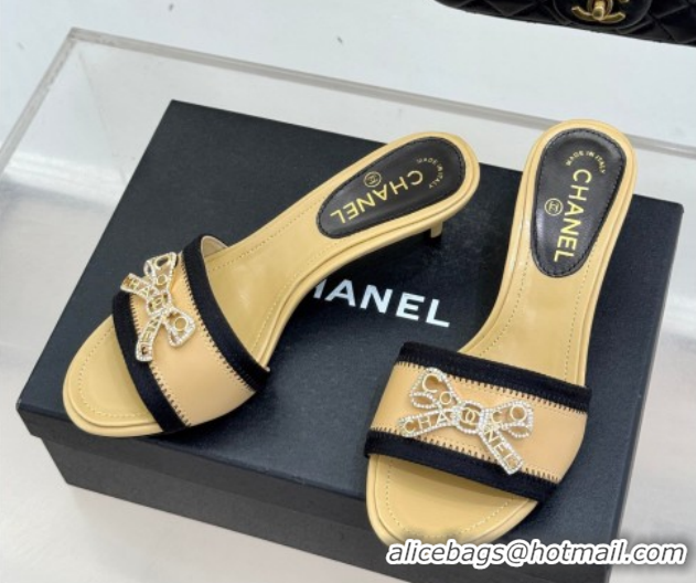 Charming Chanel Calfskin Leather Heel Slides Sandal with Strass Bow CH0306022 Beige 2026
