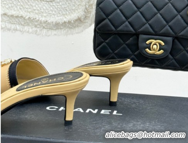 Charming Chanel Calfskin Leather Heel Slides Sandal with Strass Bow CH0306022 Beige 2026